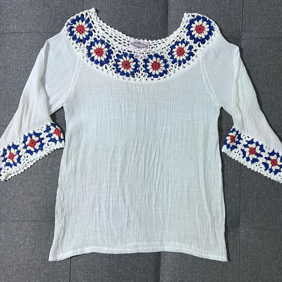 Oliver by Escio Anthropologie‎ Top Women Medium RWB Boho Tunic Crochet Indie - Picture 2 of 6